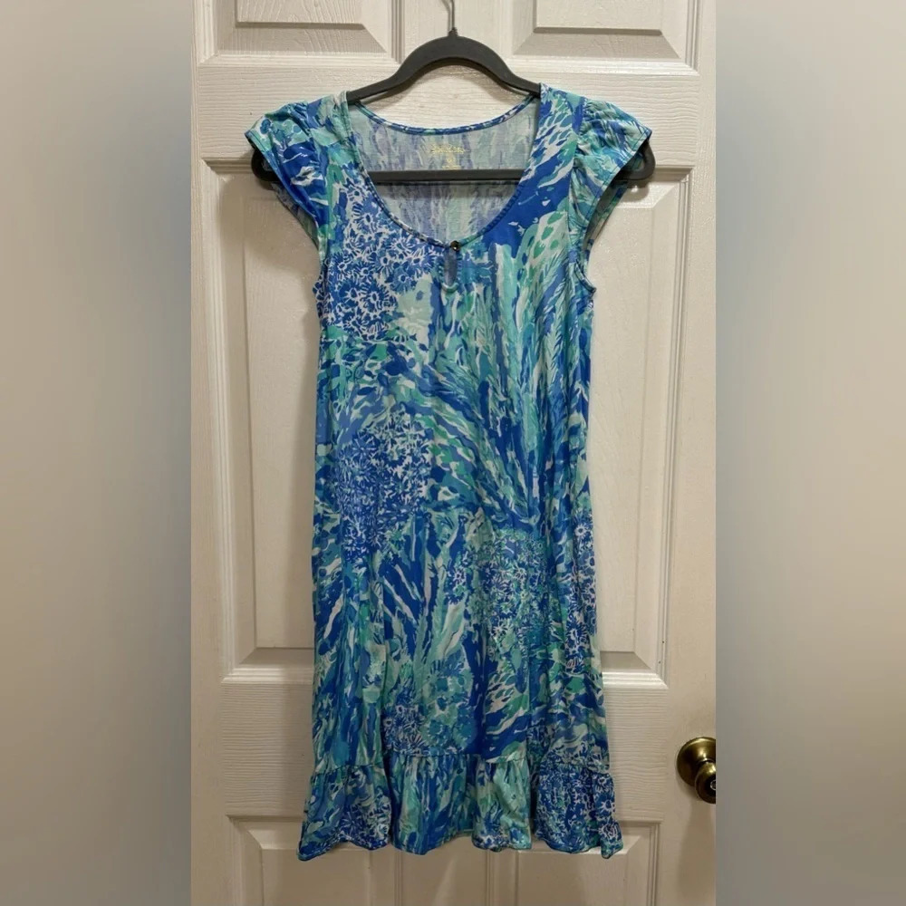 LILLY PULITZER Rejina Dress HEY HEY SOLEIL Blue Haven Size XXS Flutter Sleeve